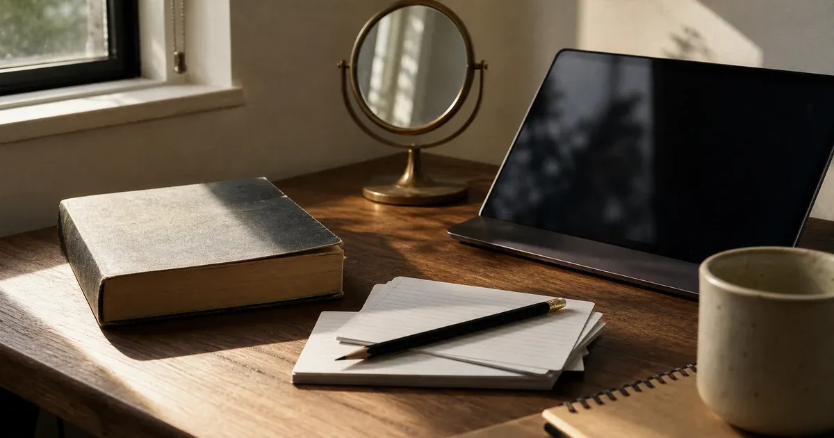 A quiet desk with a book, mirror, notebook, pencil, and laptop in window light